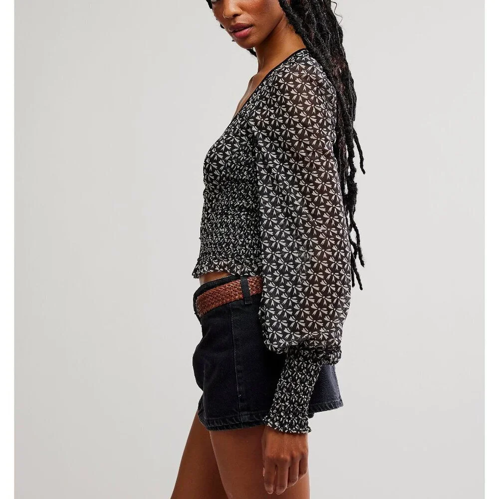 Free People Dottie Black Floral Smocked Long-Sleeve Top